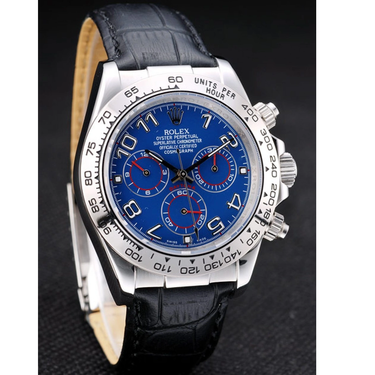 Best AAA Replica Sites Case Stainless Leather Steel Rolex Blue Daytona Dial Black Strap 0518